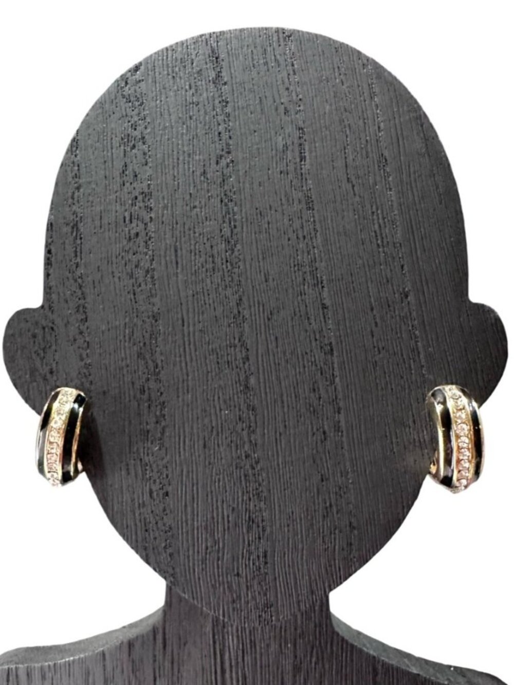 Gold Tone Black Enamel Rhinestone Clip On Hoop Earrings Womens NWOT